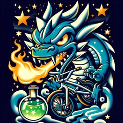 Dragon riding a bicycle with a flask in his hand. Vector illustration.