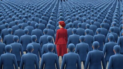 Obraz premium A woman in red standing out among a sea of blue people, AI
