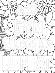 Gym Quotes Flower Coloring Page Beautiful black and white illustration for adult coloring book