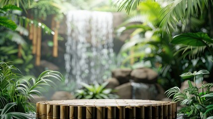Morning light illuminates a bamboo podium amidst tropical plants and waterfalls, fostering a tranquil and serene setting. Podium tropical