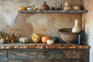 rustic kitchen counter with weathered wood texture adorned with artfully arranged autumn pumpkins and gourds warm golden light creates a cozy harvest scene