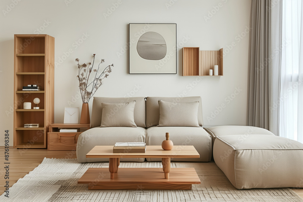 Wall mural a sofa with two large pillows sits in a minimalist living room with a wooden coffee table, and books