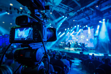 Professional video camera capturing concert performance. Shallow depth of field