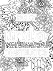 Gym Quotes Flower Coloring Page Beautiful black and white illustration for adult coloring book