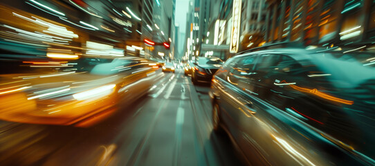 Cars drives through a busy city street with heavy traffic, creating motion blur and streaks of light