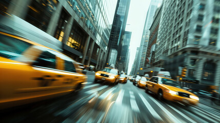 Dutch angle view of a yellow taxi cab speeds down a city street, with other cars and buildings...