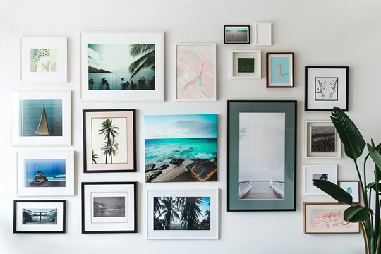 A white wall with a curated collection of framed photographs and prints, featuring various ocean and beach scenes