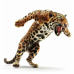 Muscular jaguar in mid-air about to pounce with mouth wide open and claws out
