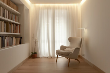 A cozy reading nook with a white armchair, floor lamp, white curtains, and a built-in bookshelf filled with books