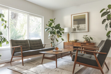 Fototapeta premium A modern living room with mid-century furniture, including a sofa, two armchairs, a coffee table, a lamp, and a large window overlooking a lush green garden