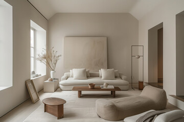 A cozy and minimalist living room with a white sofa, wooden coffee table, and a large, abstract artwork on the wall