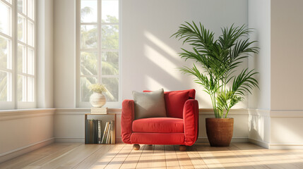 Red Armchair with Wooden Side Table and Indoor Plant, and Large Window