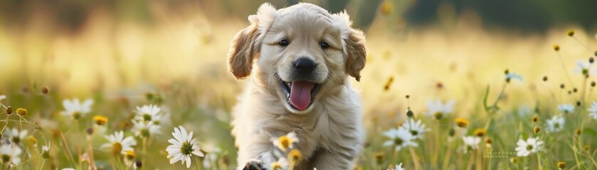 Fototapeta premium Playful Golden Retriever Puppy Frolicking in a Meadow of Blooming Flowers, Happy Pet Enjoying Nature