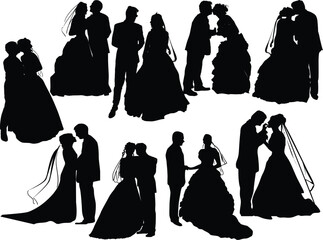 nine wedding couples isolated on white background