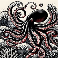 Black octopus, abstract floral background