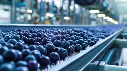 Obraz premium blueberries on conveyor belt rollers or production line, automated industrial factory manufacture