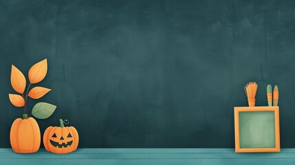 Classroom with Halloweenthemed bulletin board, autumn setting, watercolor style