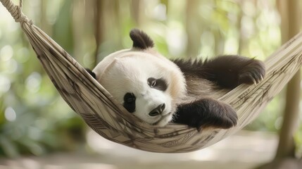 Panda lounging in a hammock under a tropical canopy, relaxed, exotic