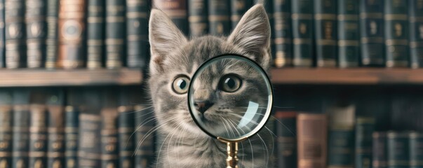 Cat detective with magnifying glass in an old library, mysterious, vintage detective theme