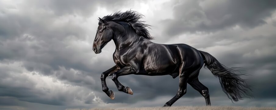 Black stallion rearing on a hilltop under a stormy sky, dramatic, intense