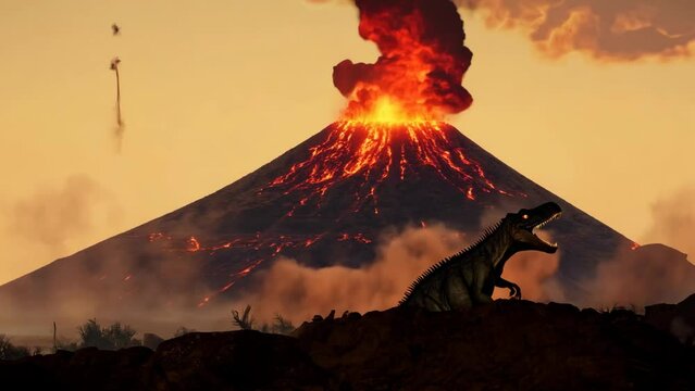 A prehistoric monster against the backdrop of an erupting volcano