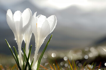 spring crocus flowers a bunch of white flowers with the background of mountains in the background.