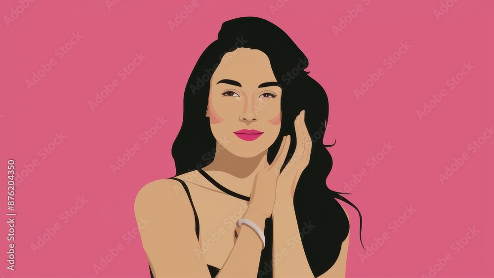 Poster A woman with long black hair and a pink background, AI