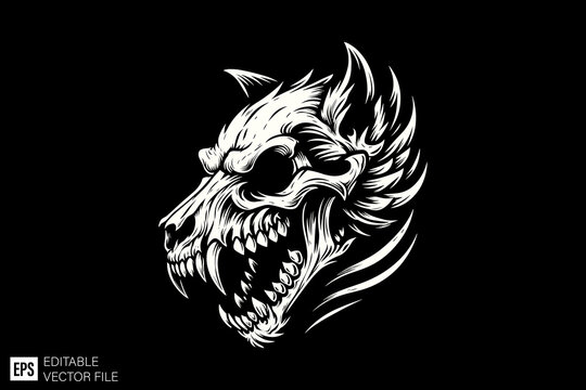 wolf skeleton head monster black and white vector clip art silhouette graphic design