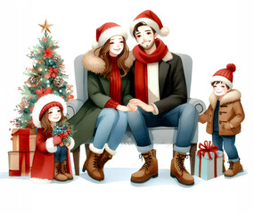 Fototapeta premium Watercolor painting of family christmas theme on​​ white background