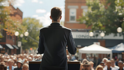 Man giving speech at podium to large crowd people outdoors Public Speaking Concept
