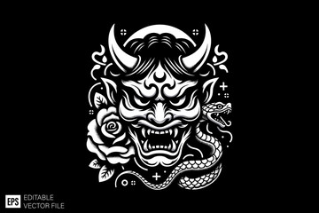 Fototapeta premium Oni mask Dark art scary graphic design vector illustration