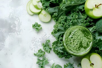 Obraz premium A glass of green detox juice with fresh ingredients like kale, spinach, and apple. Good space. Background template