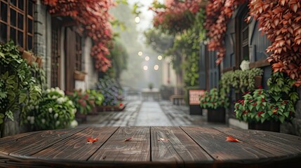 Fototapeta premium A Wooden Tabletop Overlooking a Misty Alleyway
