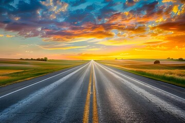 Long highway with sunset on the road