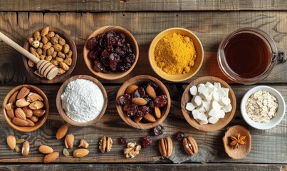 Fototapeta premium Baking ingredients on a wooden countertop, top view