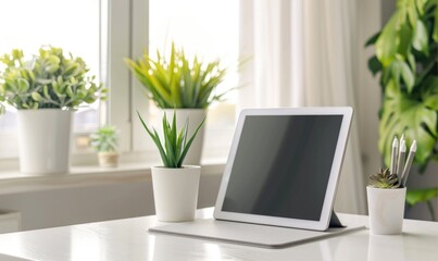 Clean home office design, tablet on white desk, neutral background