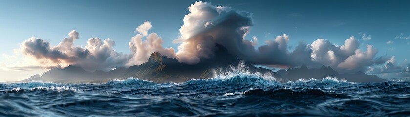 Fototapeta premium Dramatic seascape with turbulent waves crashing against a distant island under a sky filled with majestic, billowing clouds.