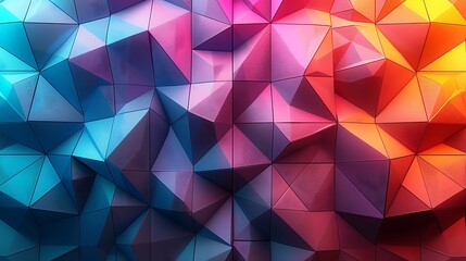 Fototapeta premium A vibrant geometric abstract background with triangular prisms, color transitions from purple to blue to teal.