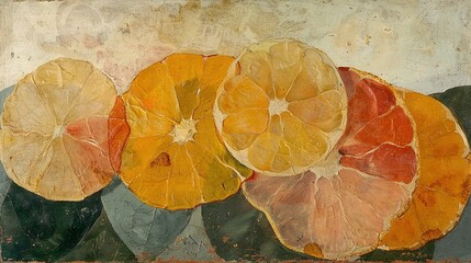   Close-up of painting oranges and lemons on paper with leaves