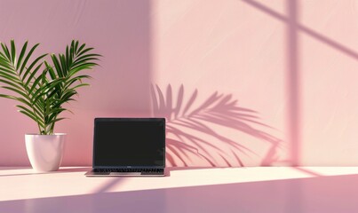 Fototapeta premium Laptop on white desk with potted flower and light from the window