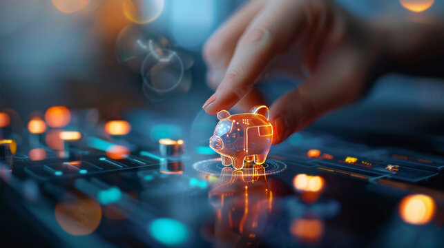 Hand adjusting digital interface with a holographic piggy bank, symbolizing financial technology and innovation in futuristic banking solutions.