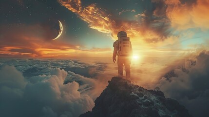 Astronaut on Mountain Top at Sunset