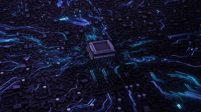 Advanced Computer Processors CPU circuit board Big Data Transmission Connection. AI Analyzes Technology Digital Data Network Abstract Background Artificial Intelligence AI Future Visualization. PCB