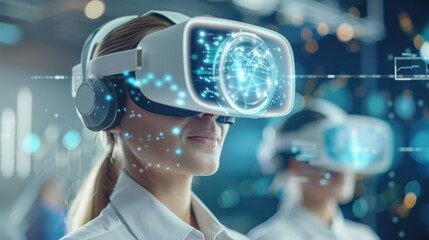 Corporate team analyzing data on a holographic display, showcasing triumph in business solutions. VR, Digital, High-Resolution, Soft Blue and White