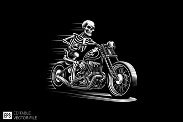 Skeleton riding motorcycle black and white silhouette graphic clip art vector design