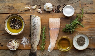 Fish ingredients on a white countertop, top view