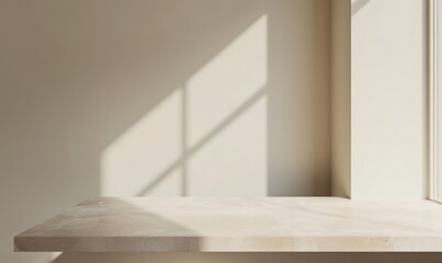 Fototapeta premium Light taupe countertop, pastel background, shadow from window on the right