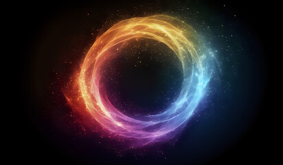 Obraz premium A ring of rainbow colored neon energy waves on a dark background with magical sparks