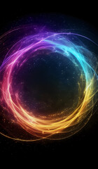 A ring of rainbow colored neon energy waves on a dark background with magical sparks