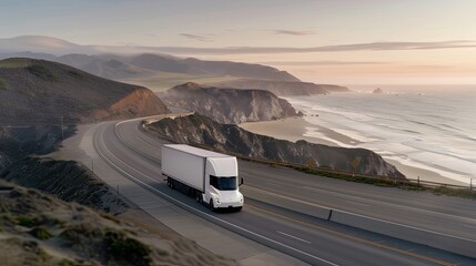 Obraz premium White Semi-Truck Travels Coastal Highway at Sunset